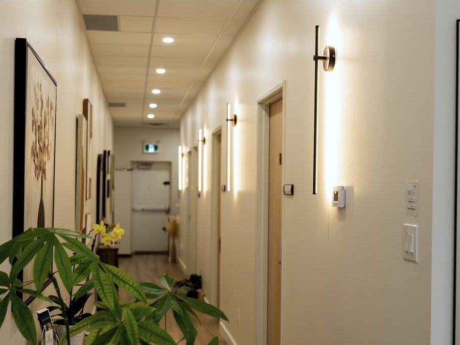 Hallway leading to the massage treatment rooms at Healastic in Manotick